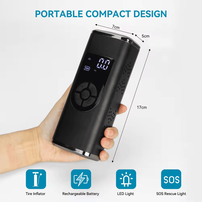 Portable Rechargeable LED Flash Light Tire Inflator with Air Compressor Emerncy Light Tire Pressure Monitor Feature & Power Bank