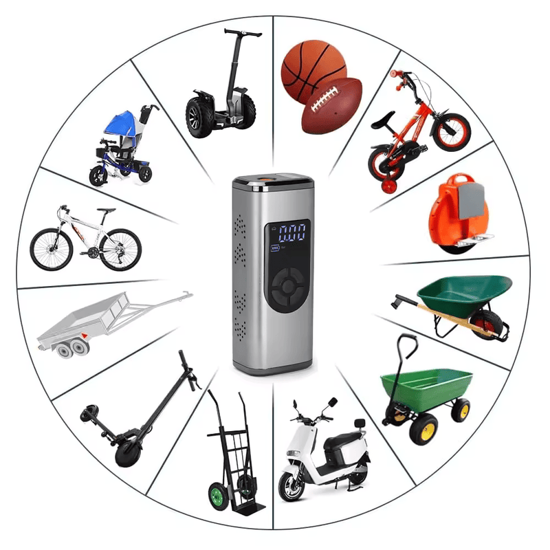 Portable Rechargeable LED Flash Light Tire Inflator with Air Compressor Emerncy Light Tire Pressure Monitor Feature & Power Bank